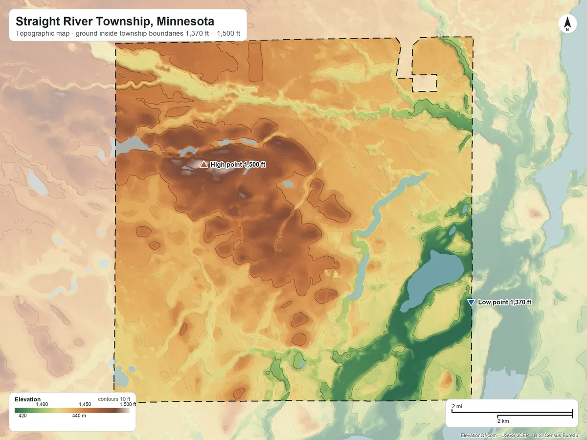 Topographic elevation map of Straight River Township, Minnesota, shaded from 1,370 ft on the southeast side to 1,500 ft on the west side