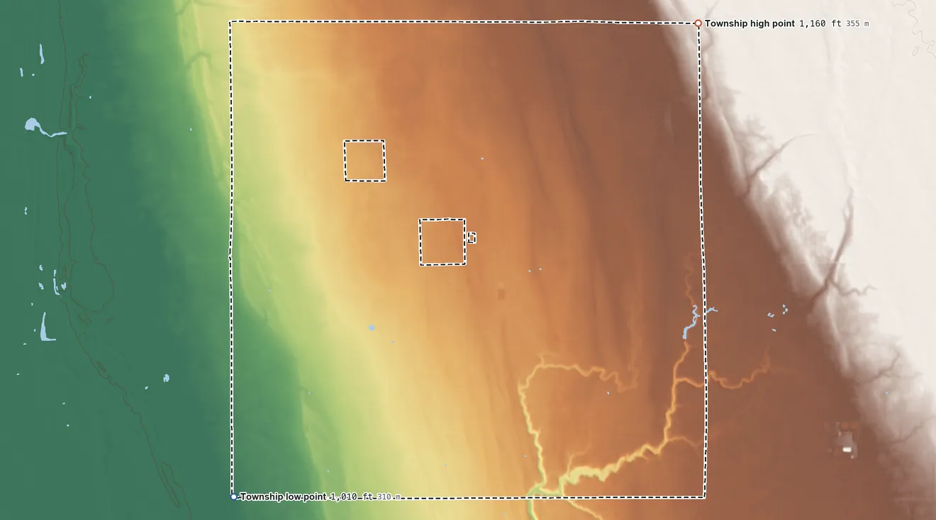 Topographic elevation map of Strand Township, Minnesota, shaded from 1,010 ft on the southwest side to 1,160 ft on the northeast side