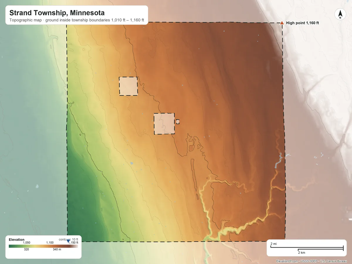 Topographic elevation map of Strand Township, Minnesota, shaded from 1,010 ft on the southwest side to 1,160 ft on the northeast side