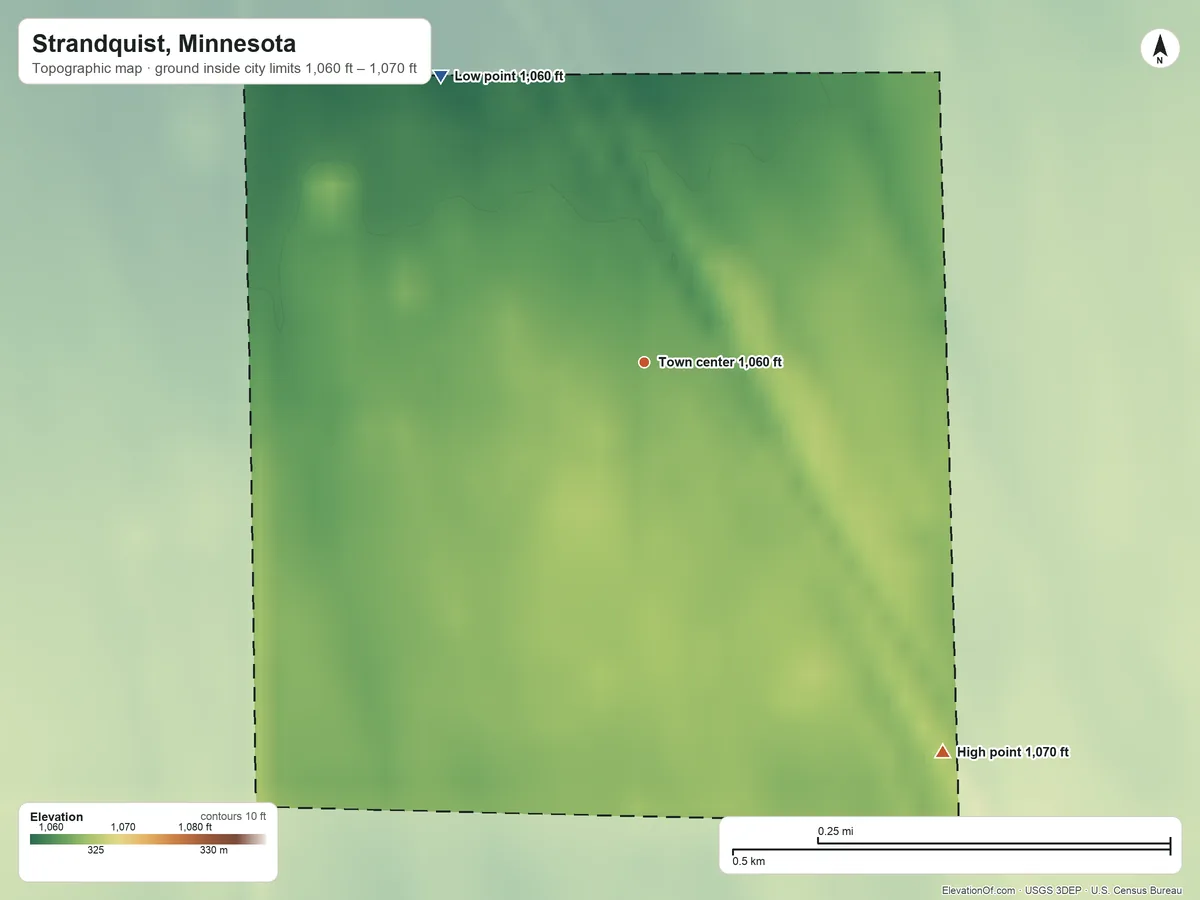 Topographic elevation map of Strandquist, Minnesota, shaded from 1,060 ft on the northwest side to 1,070 ft on the southeast side