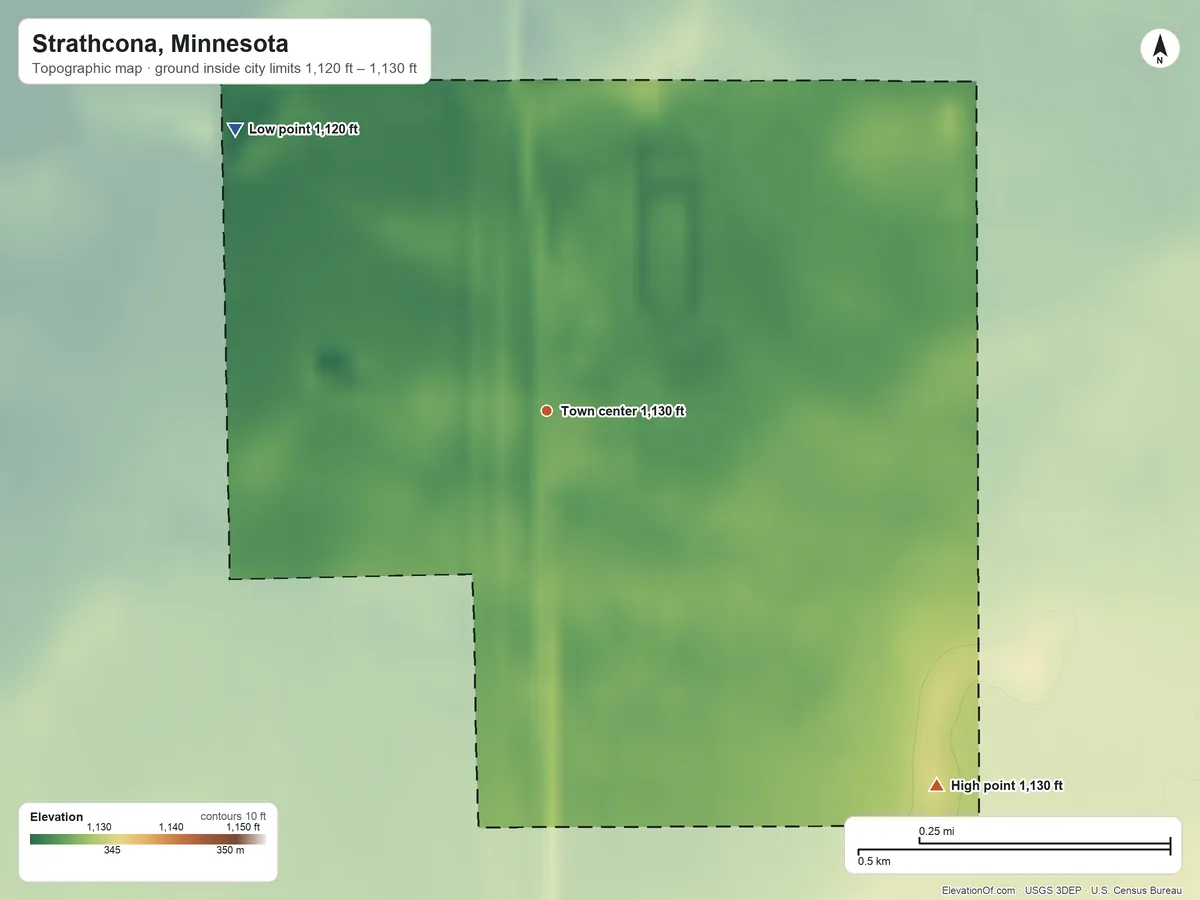 Topographic elevation map of Strathcona, Minnesota, shaded from 1,120 ft on the northwest side to 1,130 ft on the southeast side