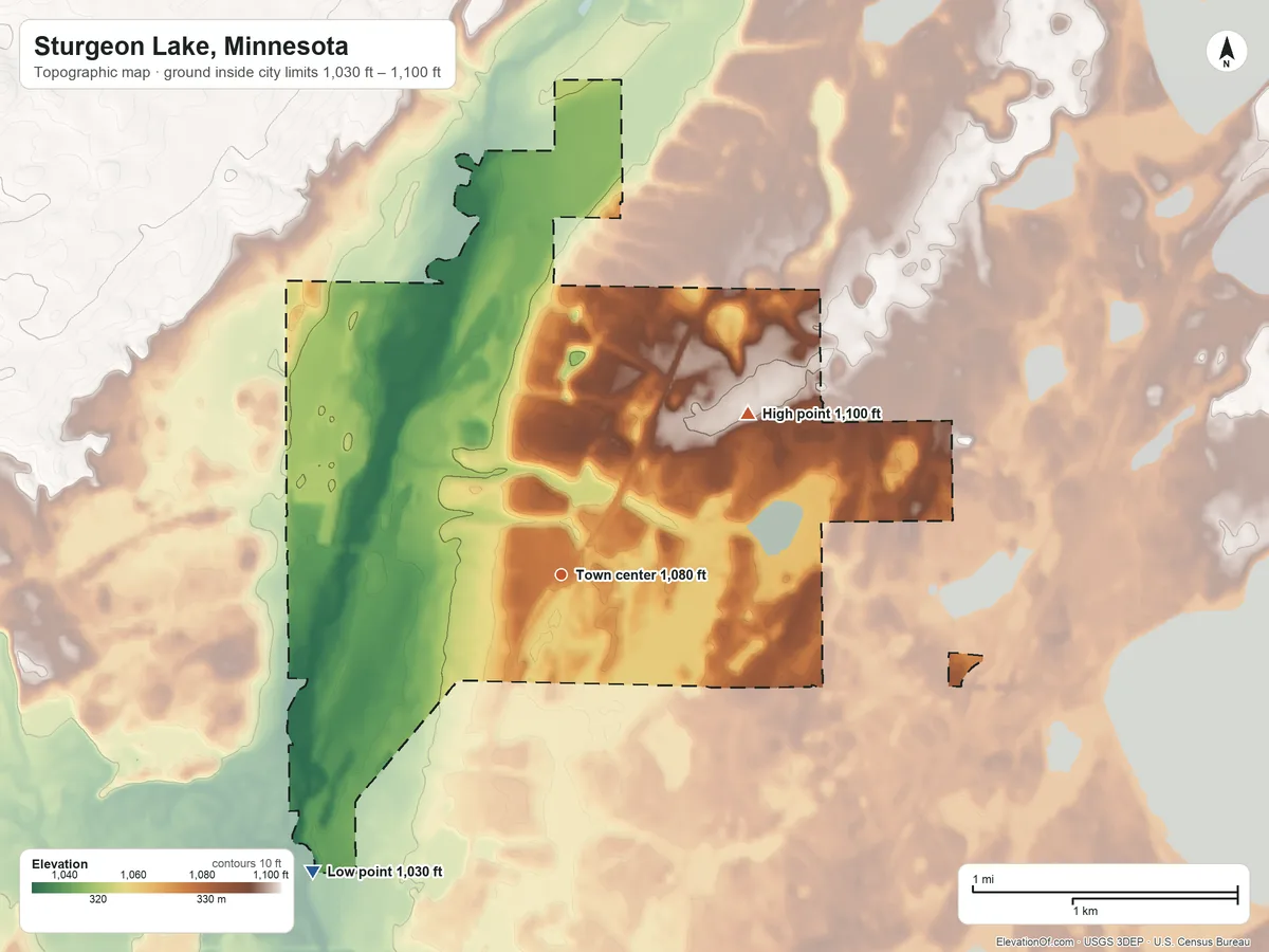 Topographic elevation map of Sturgeon Lake, Minnesota, shaded from 1,030 ft on the southwest side to 1,100 ft on the northeast side