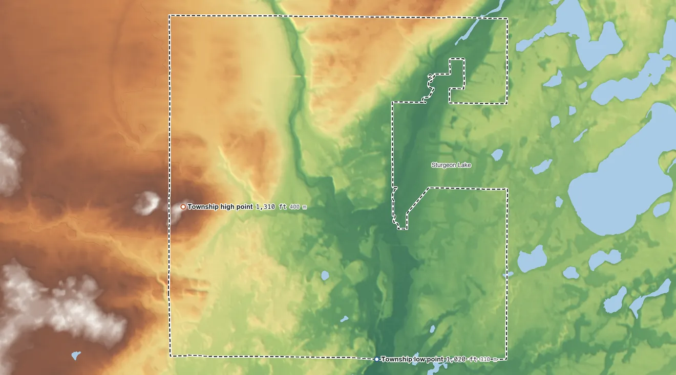 Topographic elevation map of Sturgeon Lake Township, Minnesota, shaded from 1,020 ft on the south side to 1,310 ft on the west side