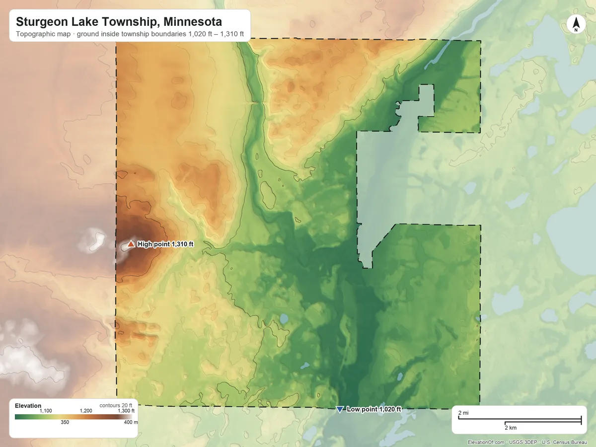 Topographic elevation map of Sturgeon Lake Township, Minnesota, shaded from 1,020 ft on the south side to 1,310 ft on the west side