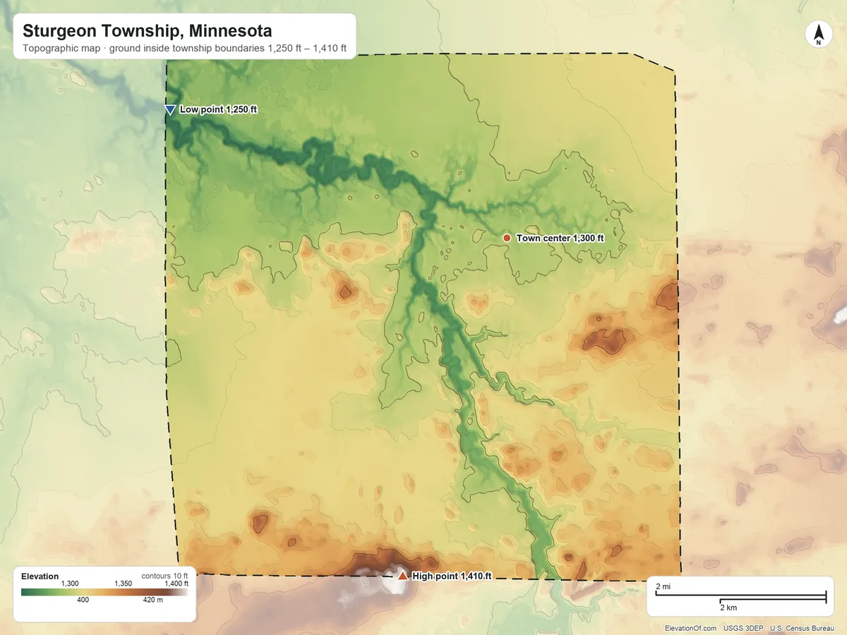Topographic elevation map of Sturgeon Township, Minnesota, shaded from 1,250 ft on the west side to 1,410 ft on the south side