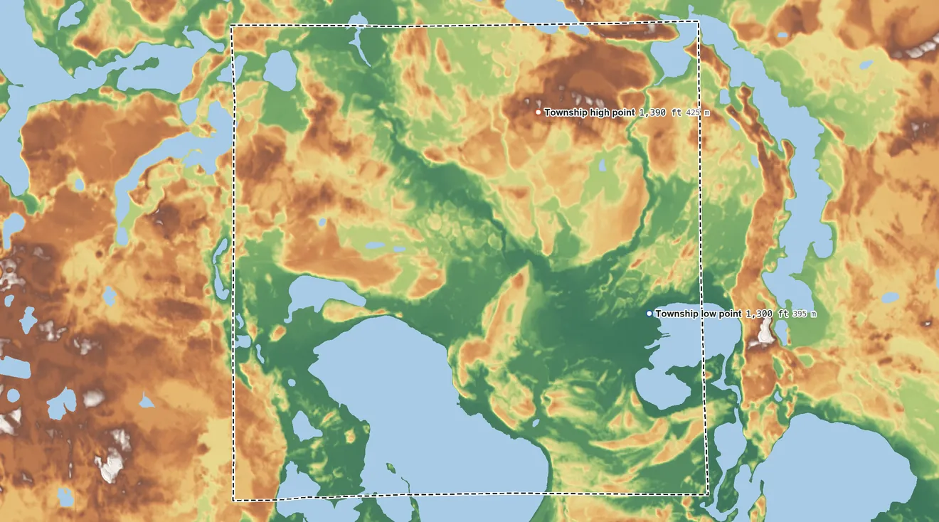 Topographic elevation map of Sugar Bush Township, Beltrami County, Minnesota, shaded from 1,300 ft on the east side to 1,390 ft on the northeast side
