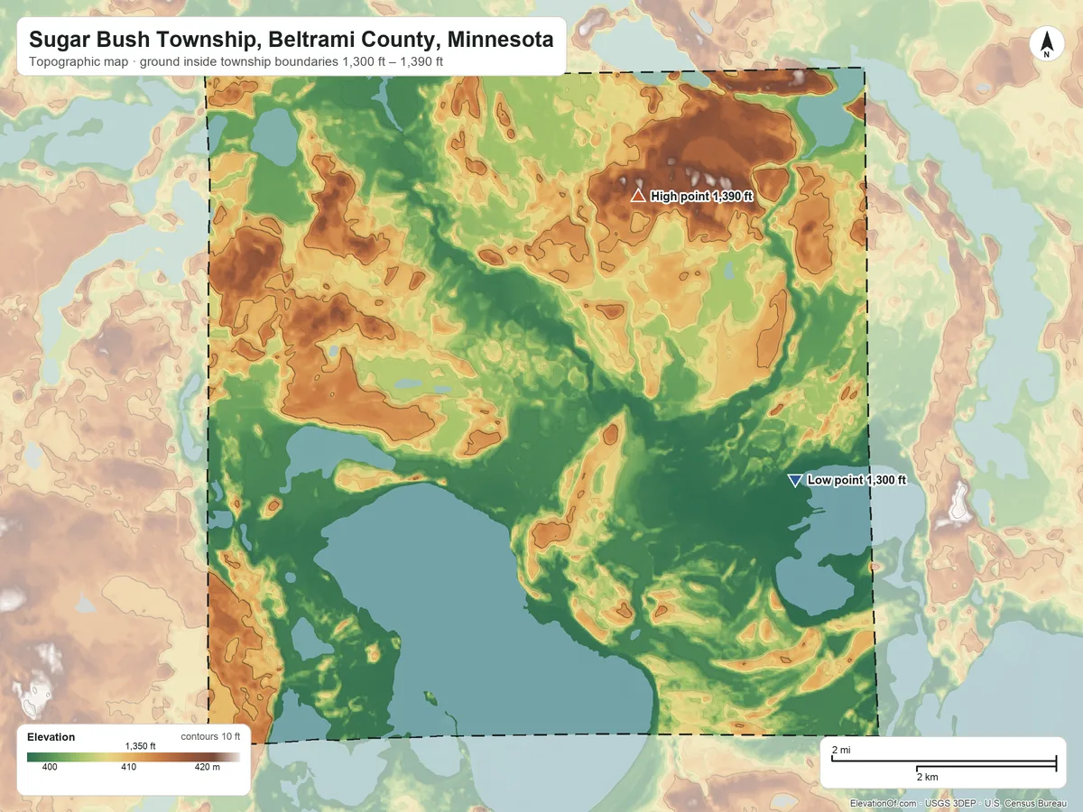 Topographic elevation map of Sugar Bush Township, Beltrami County, Minnesota, shaded from 1,300 ft on the east side to 1,390 ft on the northeast side