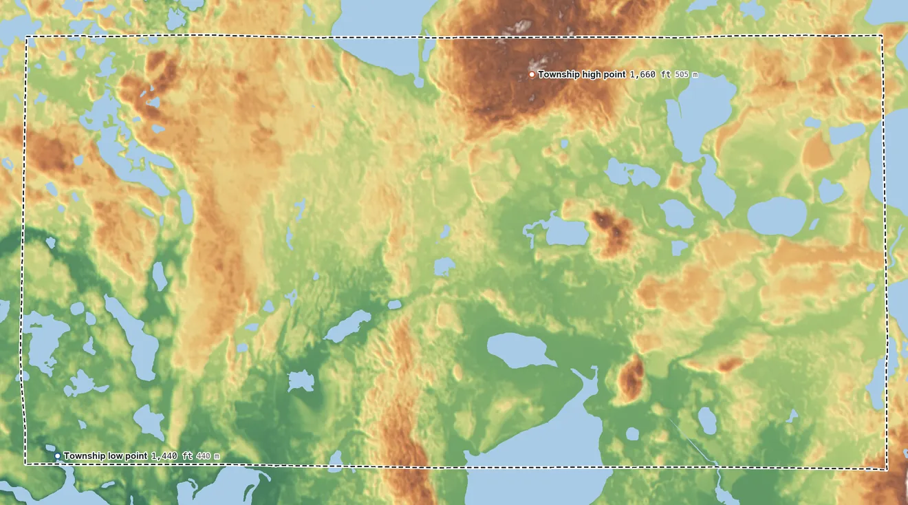 Topographic elevation map of Sugar Bush Township, Minnesota, shaded from 1,440 ft on the southwest side to 1,660 ft on the northeast side