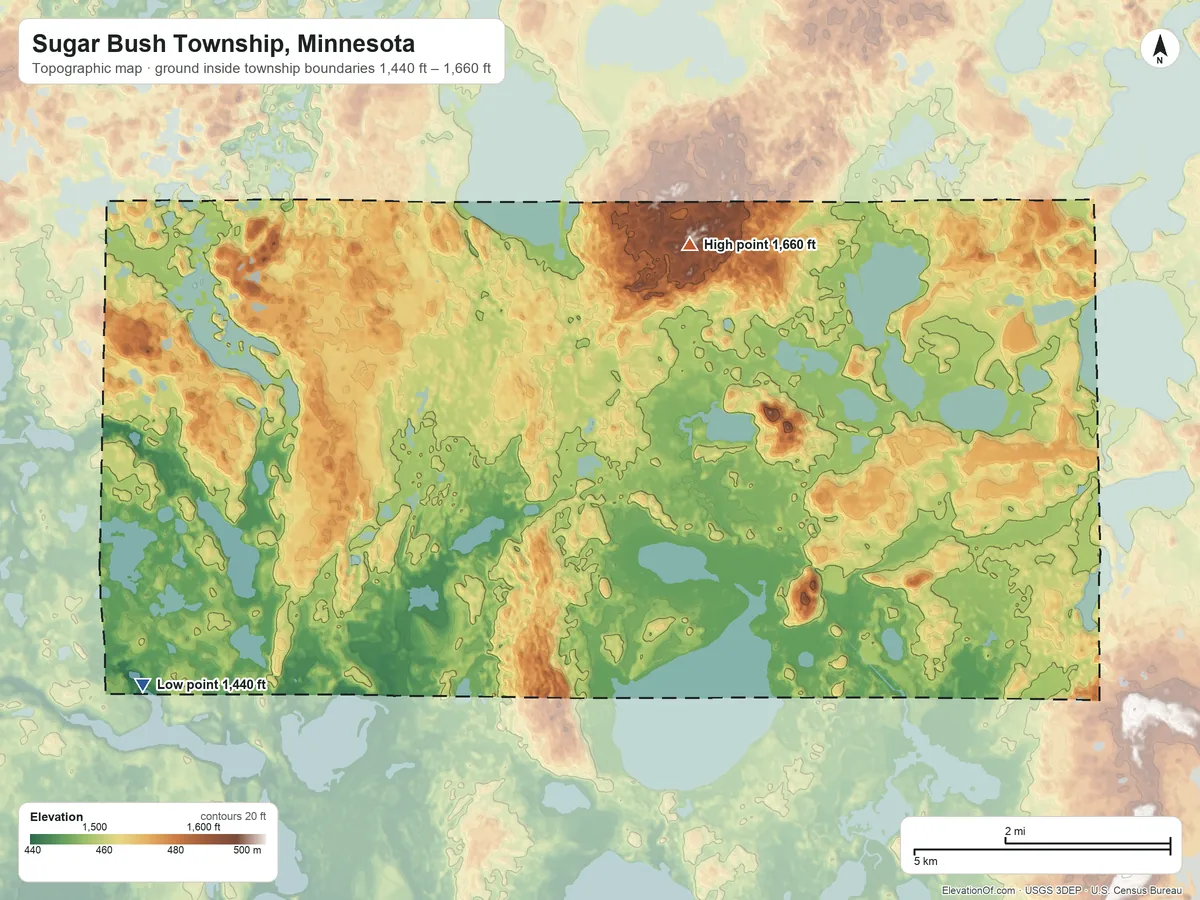 Topographic elevation map of Sugar Bush Township, Minnesota, shaded from 1,440 ft on the southwest side to 1,660 ft on the northeast side