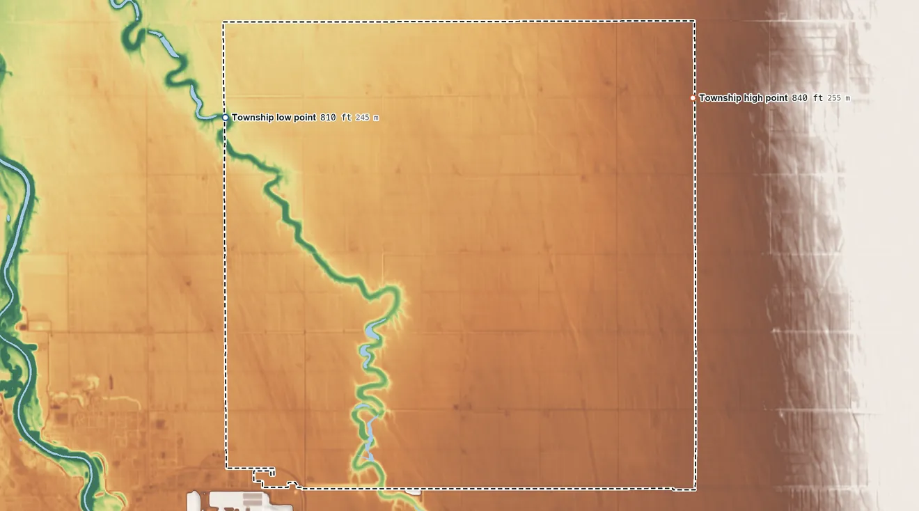 Topographic elevation map of Sullivan Township, Minnesota, shaded from 810 ft on the northwest side to 840 ft on the northeast side