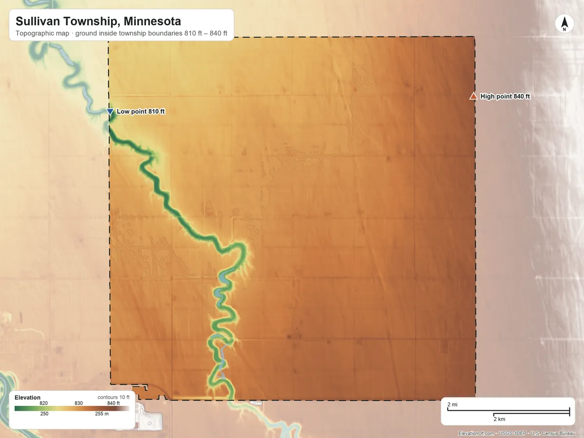 Topographic elevation map of Sullivan Township, Minnesota, shaded from 810 ft on the northwest side to 840 ft on the northeast side