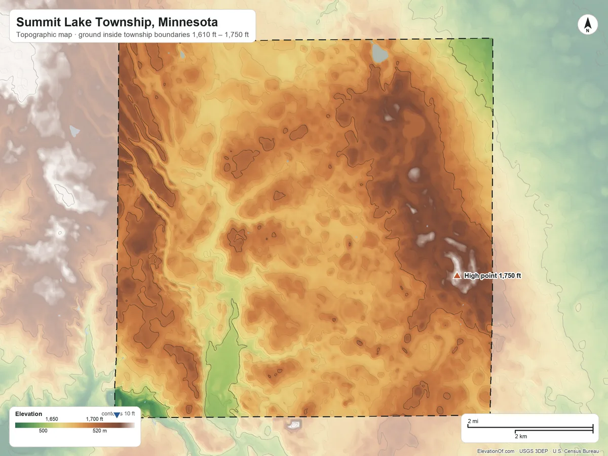 Topographic elevation map of Summit Lake Township, Minnesota, shaded from 1,610 ft on the southwest side to 1,750 ft on the east side