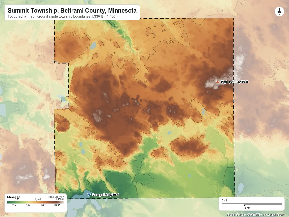 Topographic elevation map of Summit Township, Beltrami County, Minnesota, shaded from 1,330 ft on the south side to 1,460 ft on the east side