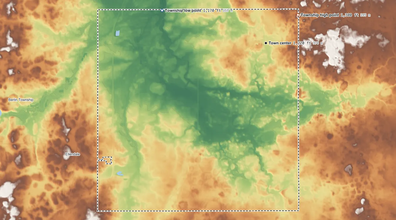 Topographic elevation map of Summit Township, Minnesota, shaded from 1,170 ft on the west side to 1,300 ft on the northeast side