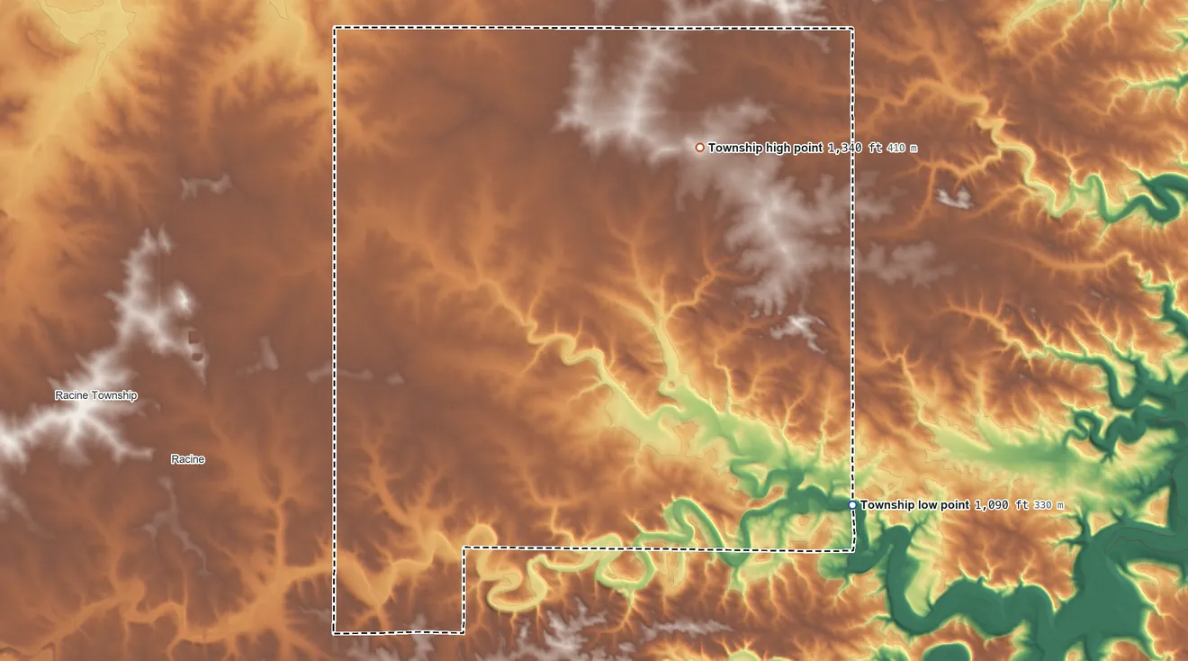 Topographic elevation map of Sumner Township, Minnesota, shaded from 1,090 ft on the southeast side to 1,340 ft on the northeast side