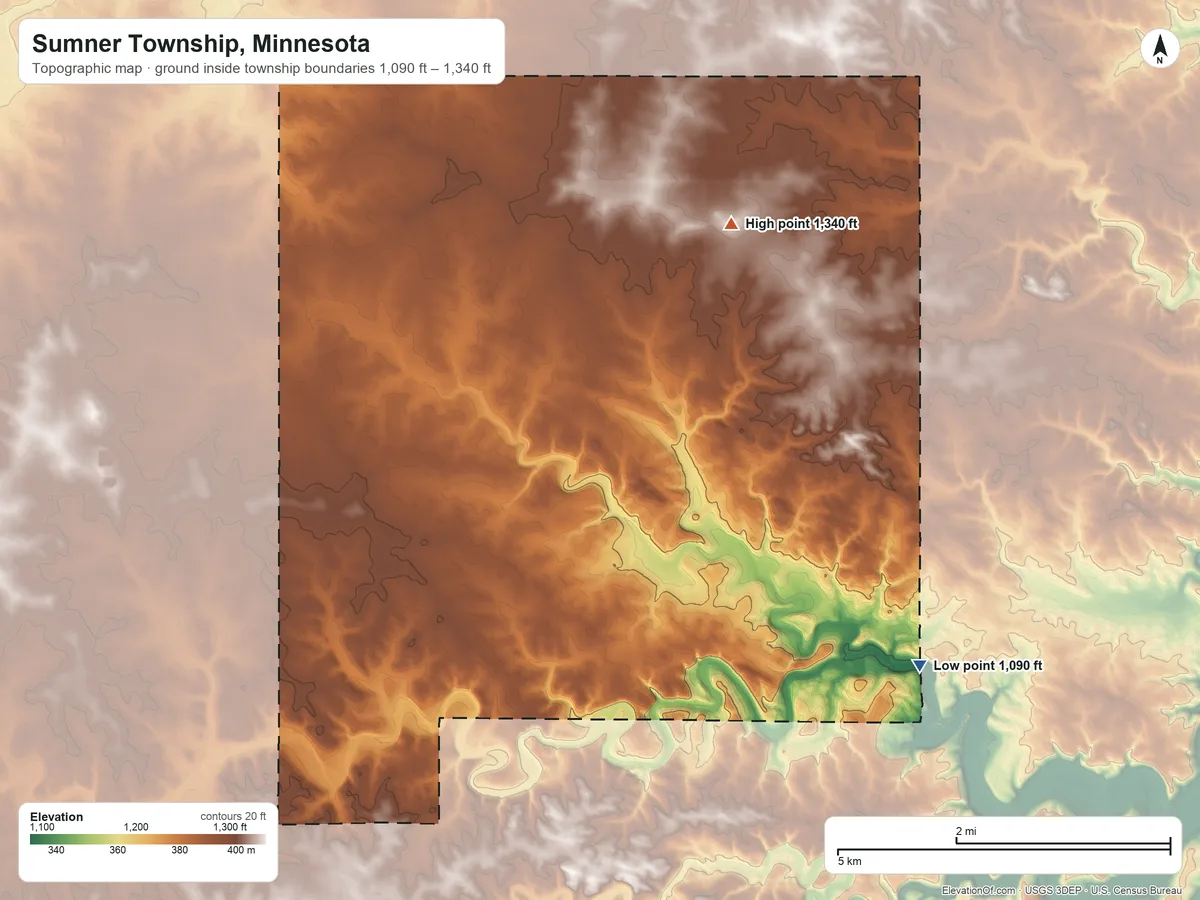 Topographic elevation map of Sumner Township, Minnesota, shaded from 1,090 ft on the southeast side to 1,340 ft on the northeast side