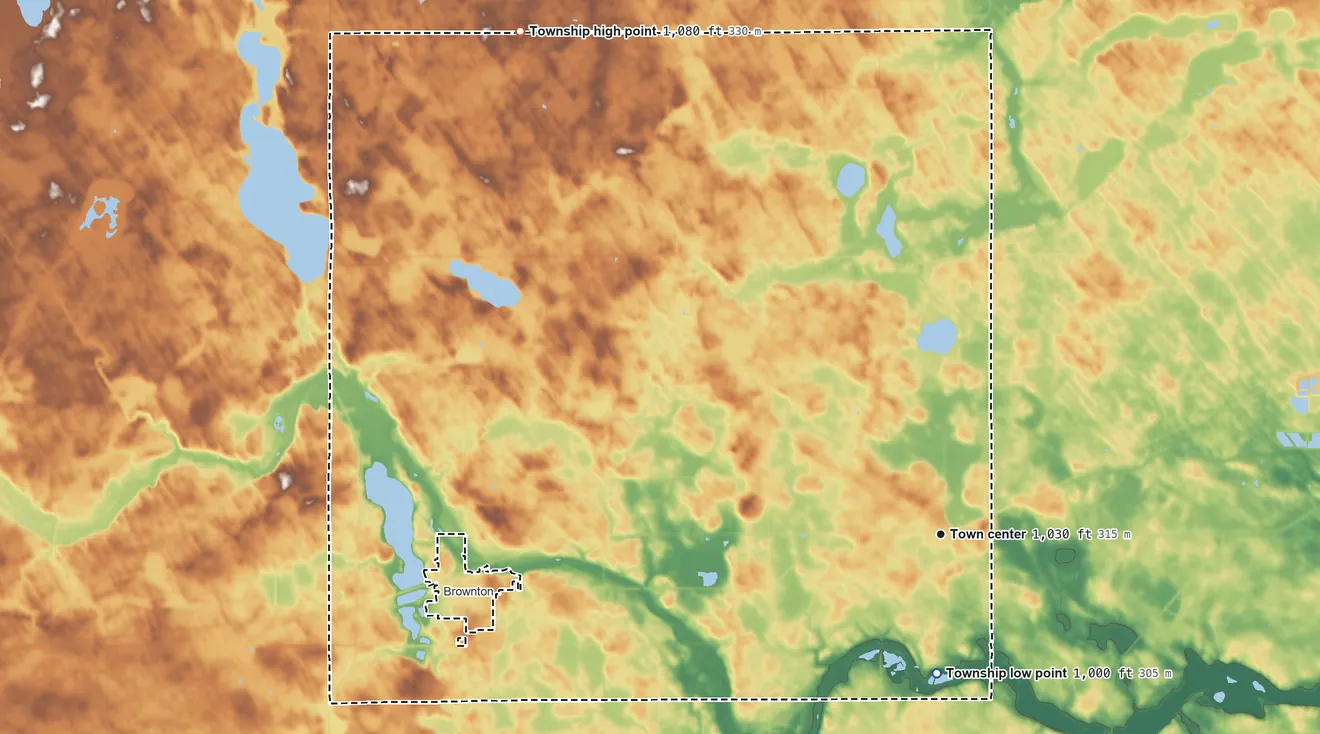 Topographic elevation map of Sumter Township, Minnesota, shaded from 1,000 ft on the south side to 1,080 ft on the northwest side
