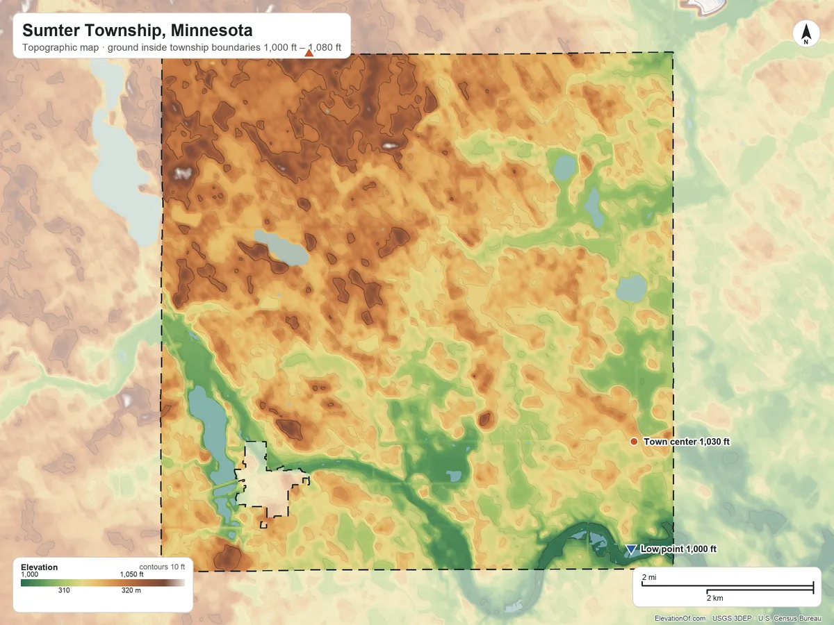 Topographic elevation map of Sumter Township, Minnesota, shaded from 1,000 ft on the south side to 1,080 ft on the northwest side