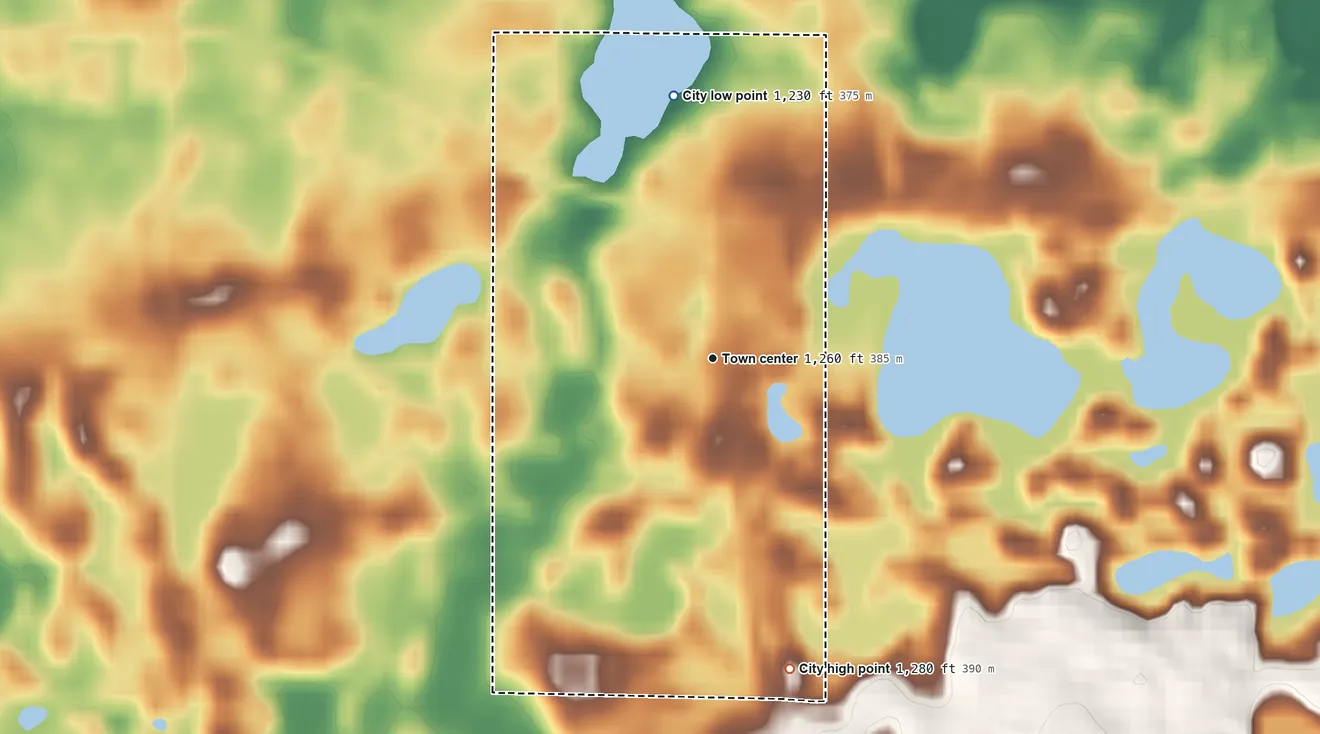 Topographic elevation map of Sunburg, Minnesota, shaded from 1,230 ft on the north side to 1,280 ft on the south side