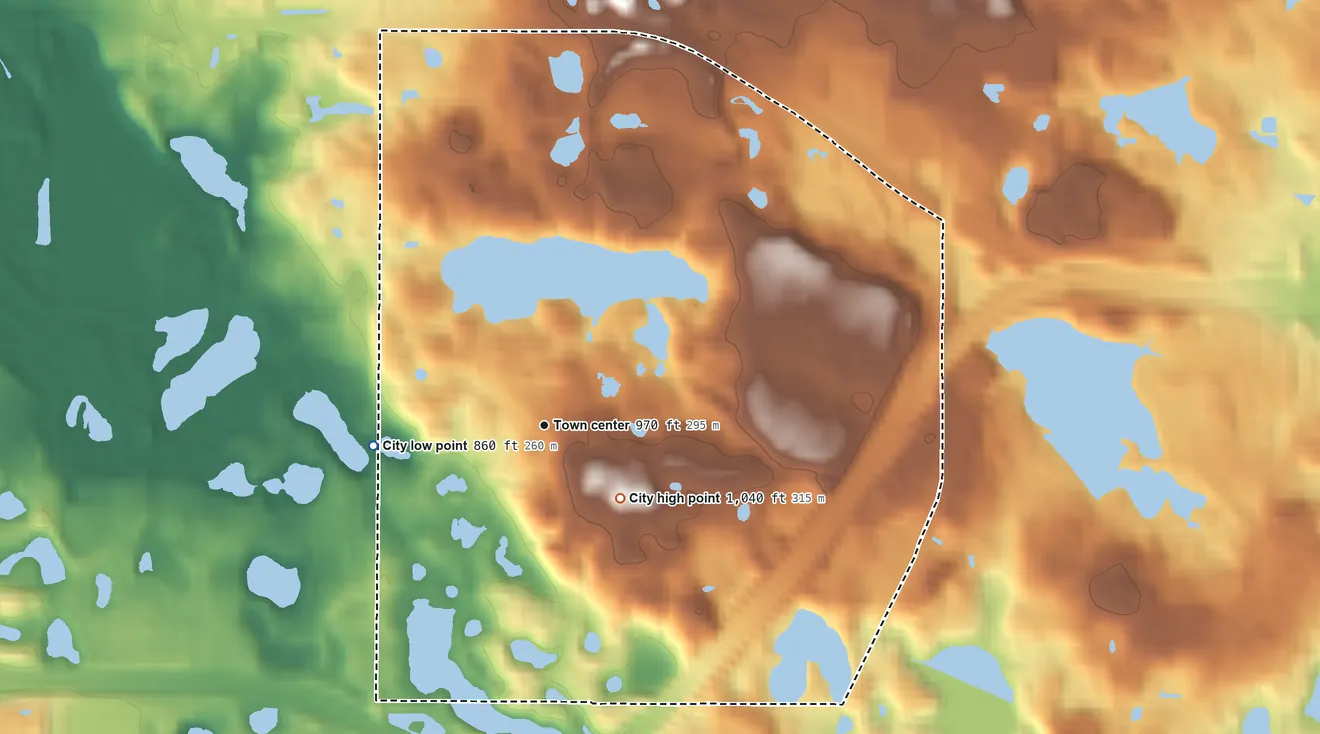 Topographic elevation map of Sunfish Lake, Minnesota, shaded from 860 ft on the west side to 1,040 ft on the southeast side