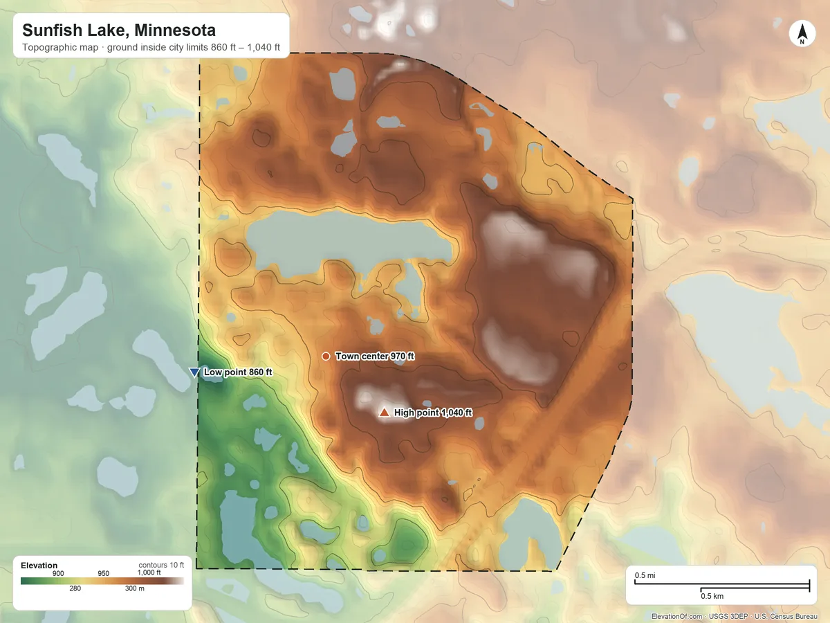 Topographic elevation map of Sunfish Lake, Minnesota, shaded from 860 ft on the west side to 1,040 ft on the southeast side