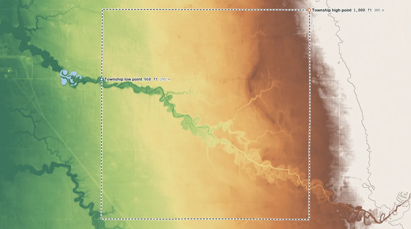 Topographic elevation map of Sunnyside Township, Minnesota, shaded from 960 ft on the northwest side to 1,000 ft on the northeast side