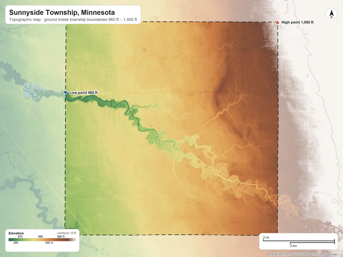 Topographic elevation map of Sunnyside Township, Minnesota, shaded from 960 ft on the northwest side to 1,000 ft on the northeast side
