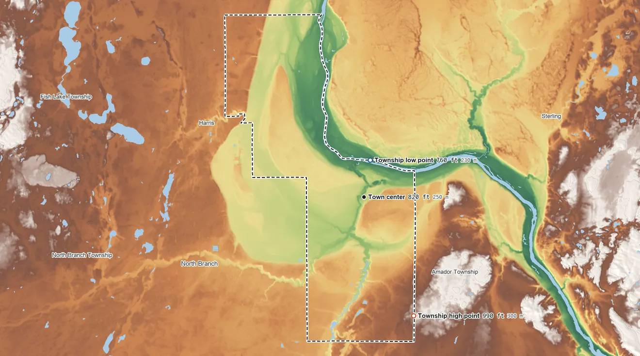 Topographic elevation map of Sunrise Township, Minnesota, shaded from 760 ft near the middle to 990 ft on the southeast side