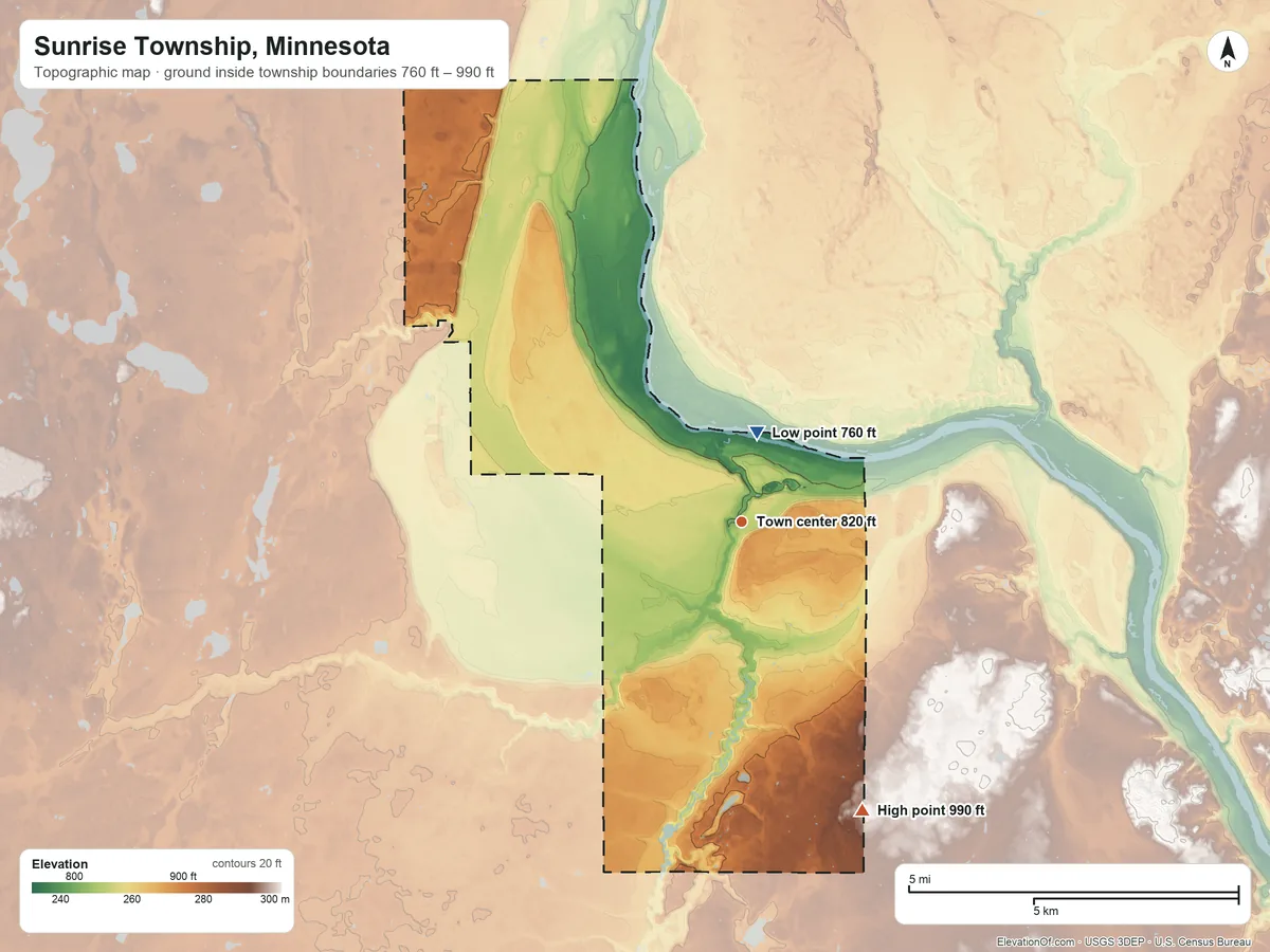 Topographic elevation map of Sunrise Township, Minnesota, shaded from 760 ft near the middle to 990 ft on the southeast side