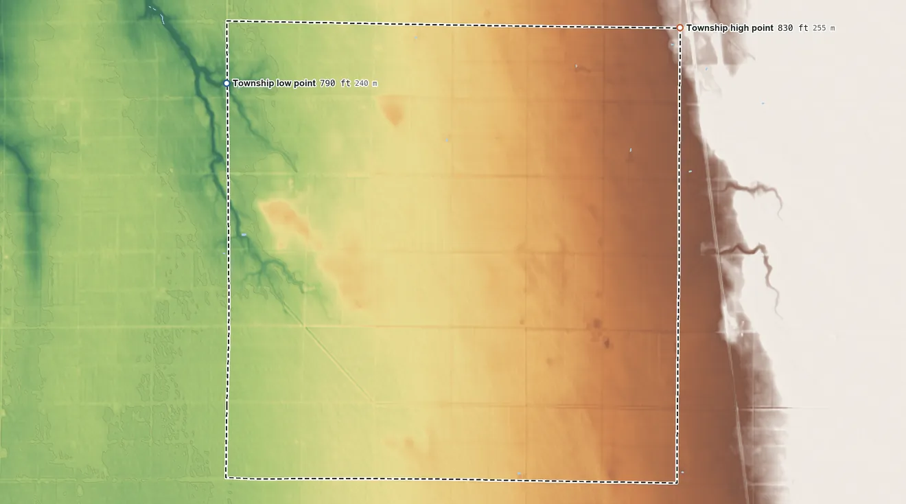 Topographic elevation map of Svea Township, Minnesota, shaded from 790 ft on the west side to 830 ft on the northeast side