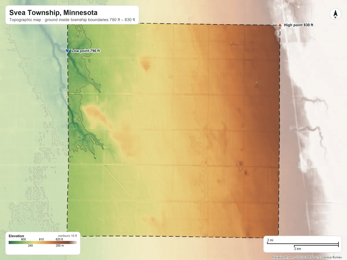 Topographic elevation map of Svea Township, Minnesota, shaded from 790 ft on the west side to 830 ft on the northeast side