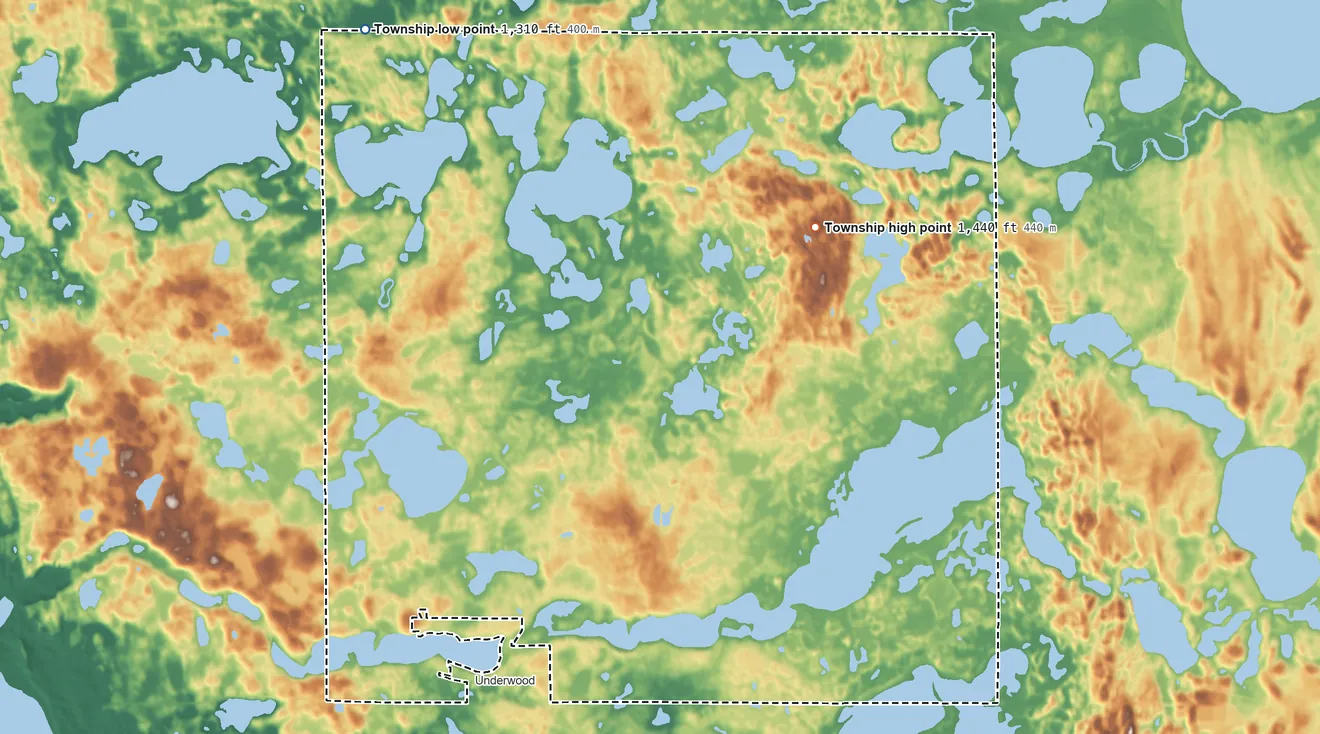 Topographic elevation map of Sverdrup Township, Minnesota, shaded from 1,310 ft on the northwest side to 1,440 ft on the northeast side