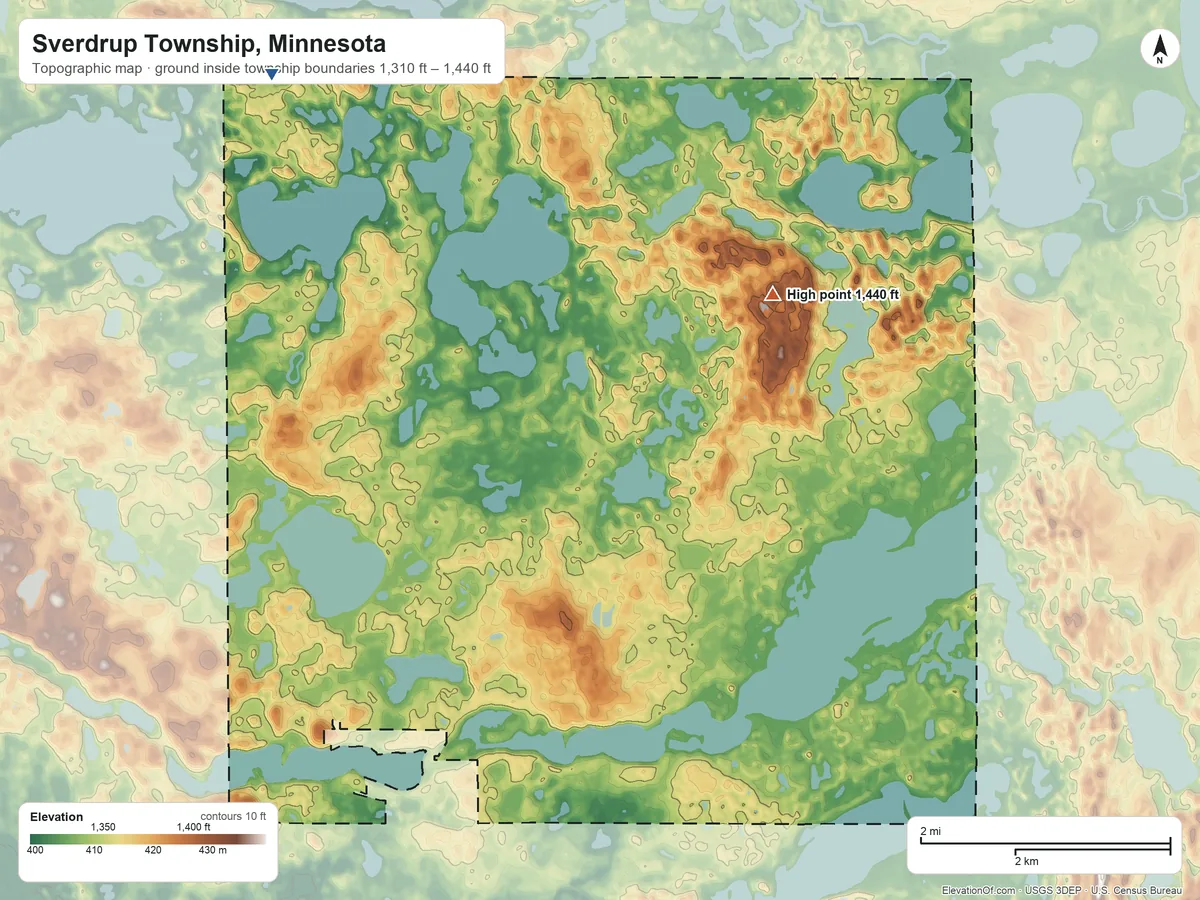 Topographic elevation map of Sverdrup Township, Minnesota, shaded from 1,310 ft on the northwest side to 1,440 ft on the northeast side