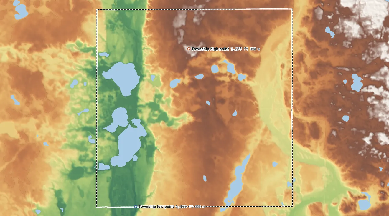 Topographic elevation map of Swan Lake Township, Minnesota, shaded from 1,100 ft on the southwest side to 1,270 ft on the north side