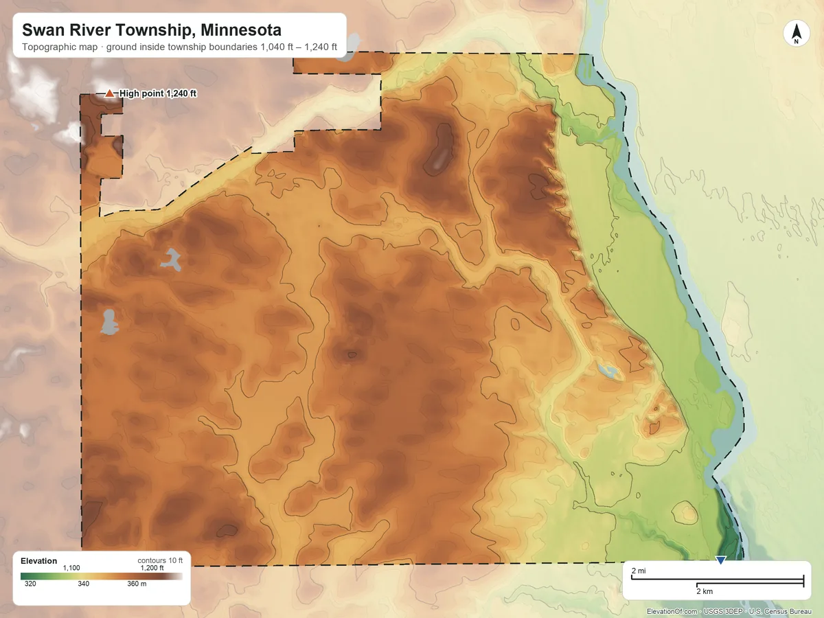 Topographic elevation map of Swan River Township, Minnesota, shaded from 1,040 ft on the southeast side to 1,240 ft on the northwest side