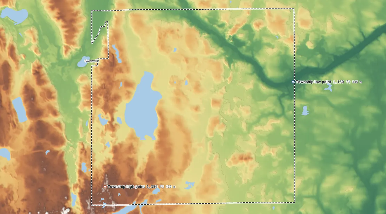 Topographic elevation map of Swanville Township, Minnesota, shaded from 1,130 ft on the northeast side to 1,350 ft on the southwest side