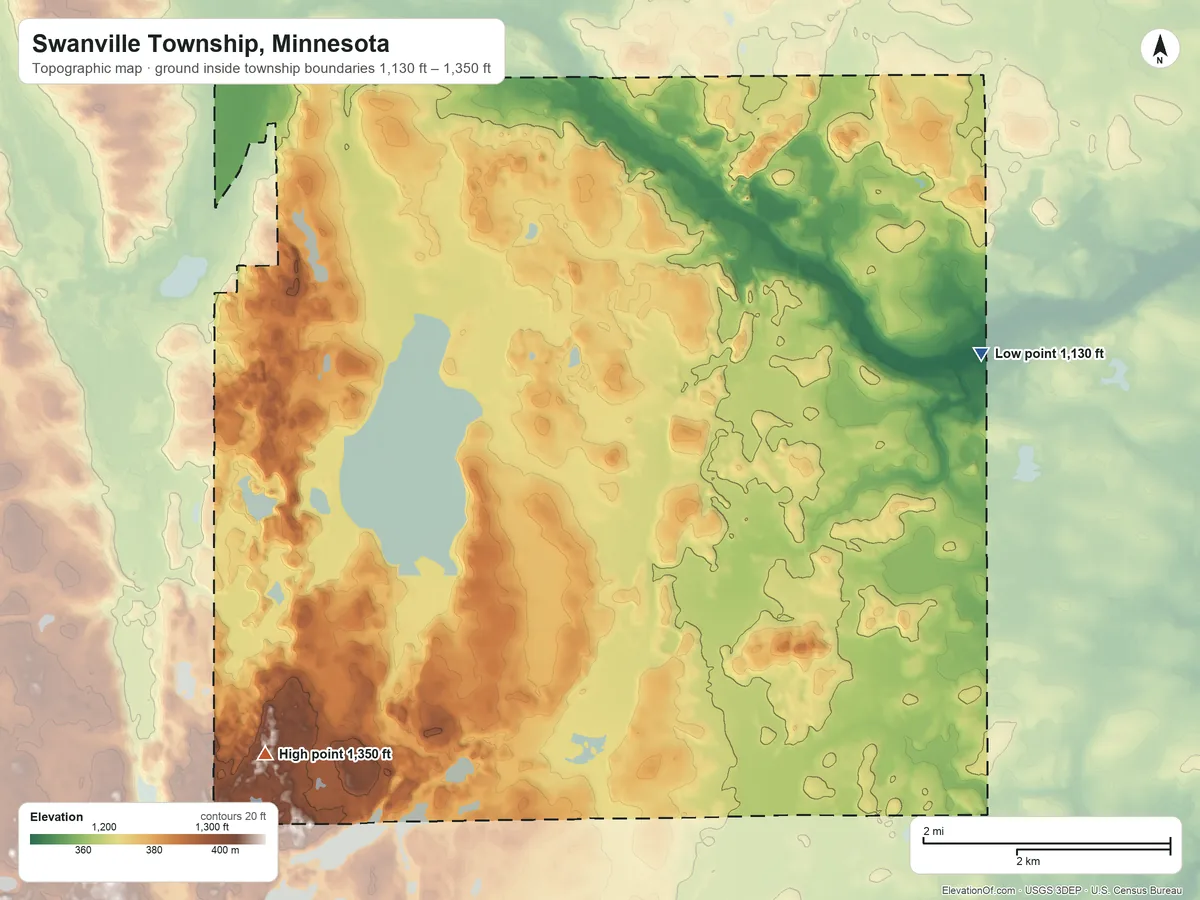 Topographic elevation map of Swanville Township, Minnesota, shaded from 1,130 ft on the northeast side to 1,350 ft on the southwest side