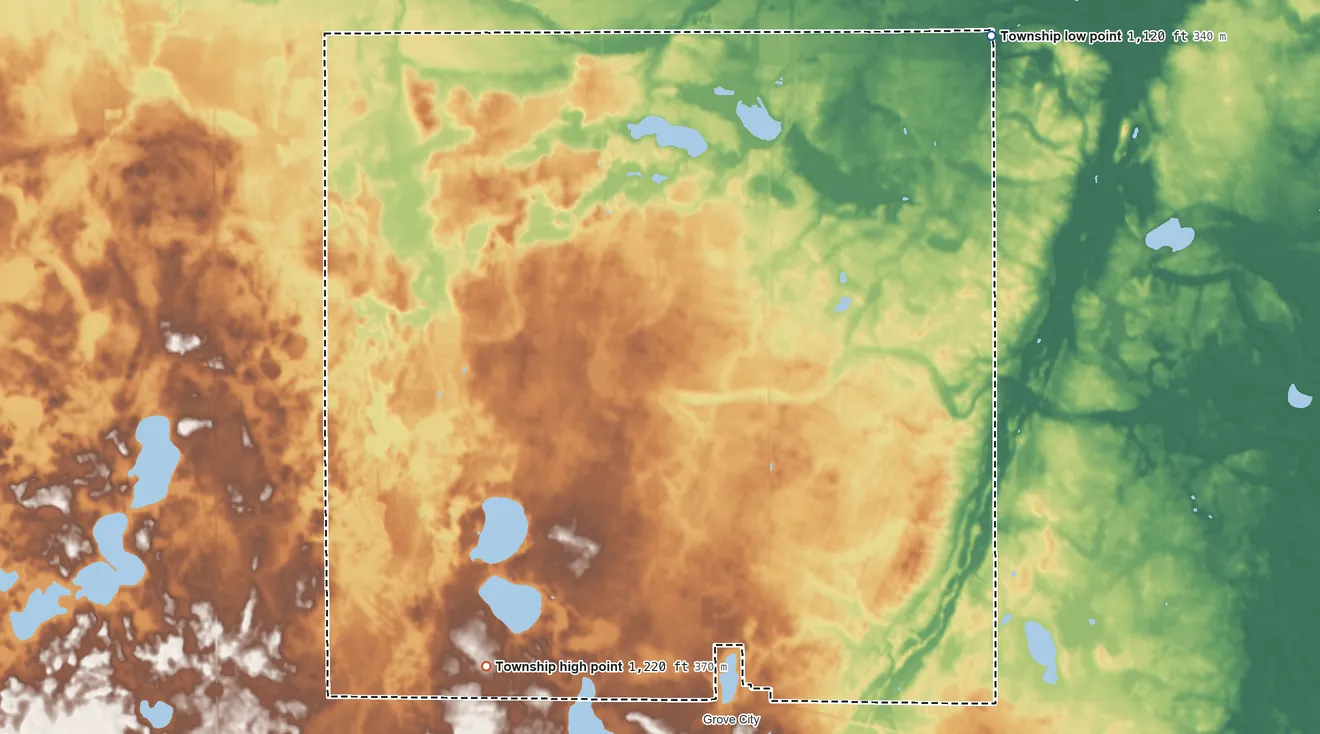 Topographic elevation map of Swede Grove Township, Minnesota, shaded from 1,120 ft on the northeast side to 1,220 ft on the south side