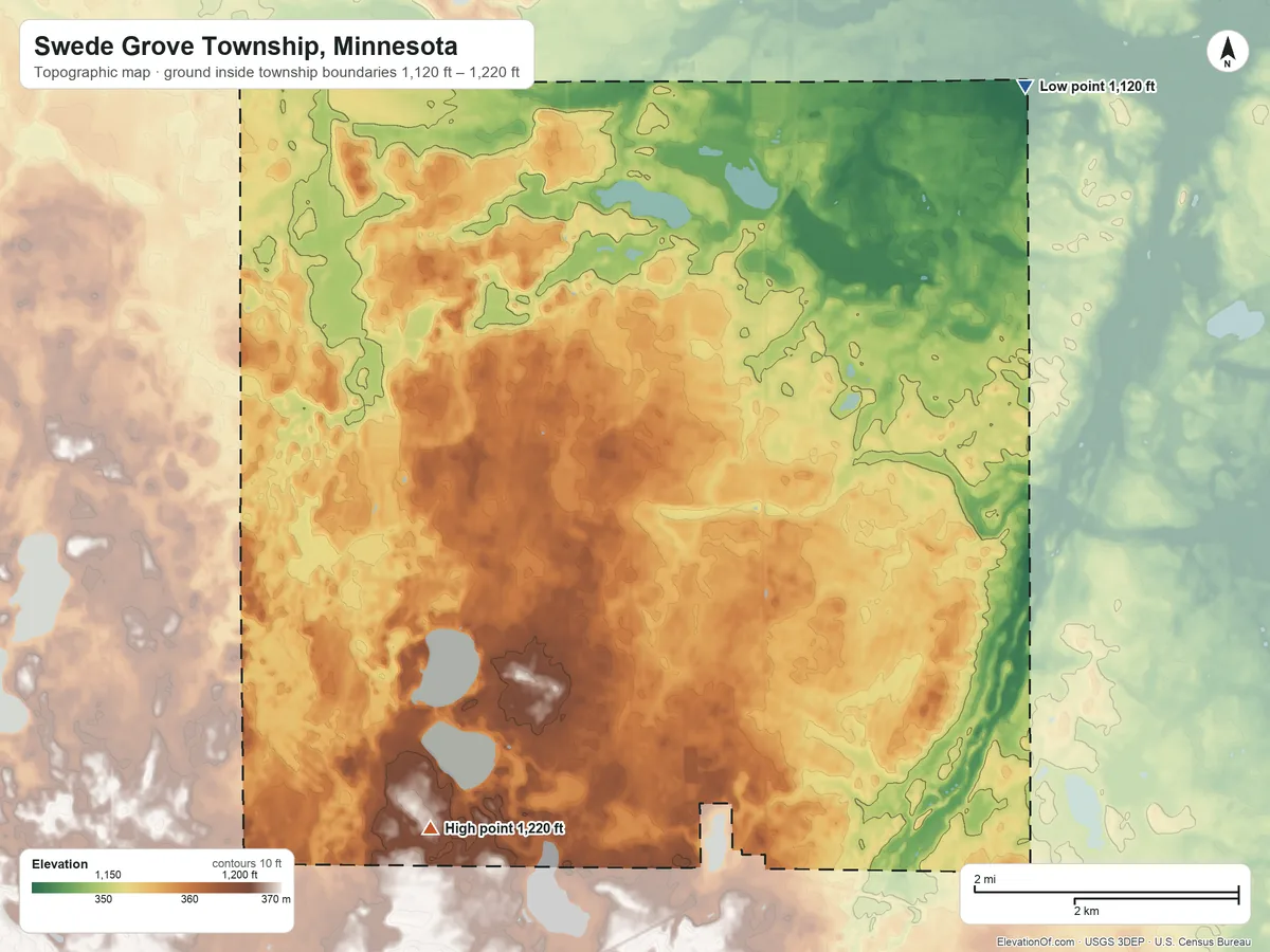 Topographic elevation map of Swede Grove Township, Minnesota, shaded from 1,120 ft on the northeast side to 1,220 ft on the south side
