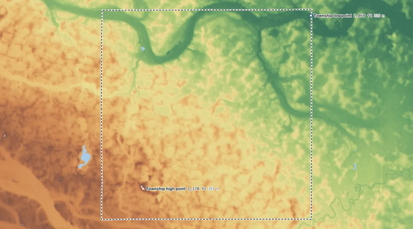 Topographic elevation map of Swede Prairie Township, Minnesota, shaded from 1,060 ft on the northeast side to 1,170 ft on the southwest side