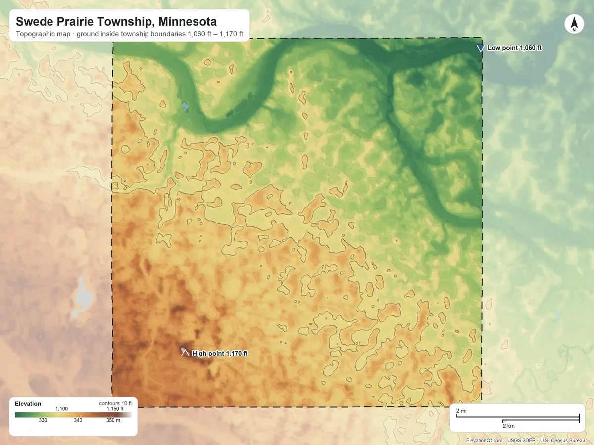 Topographic elevation map of Swede Prairie Township, Minnesota, shaded from 1,060 ft on the northeast side to 1,170 ft on the southwest side