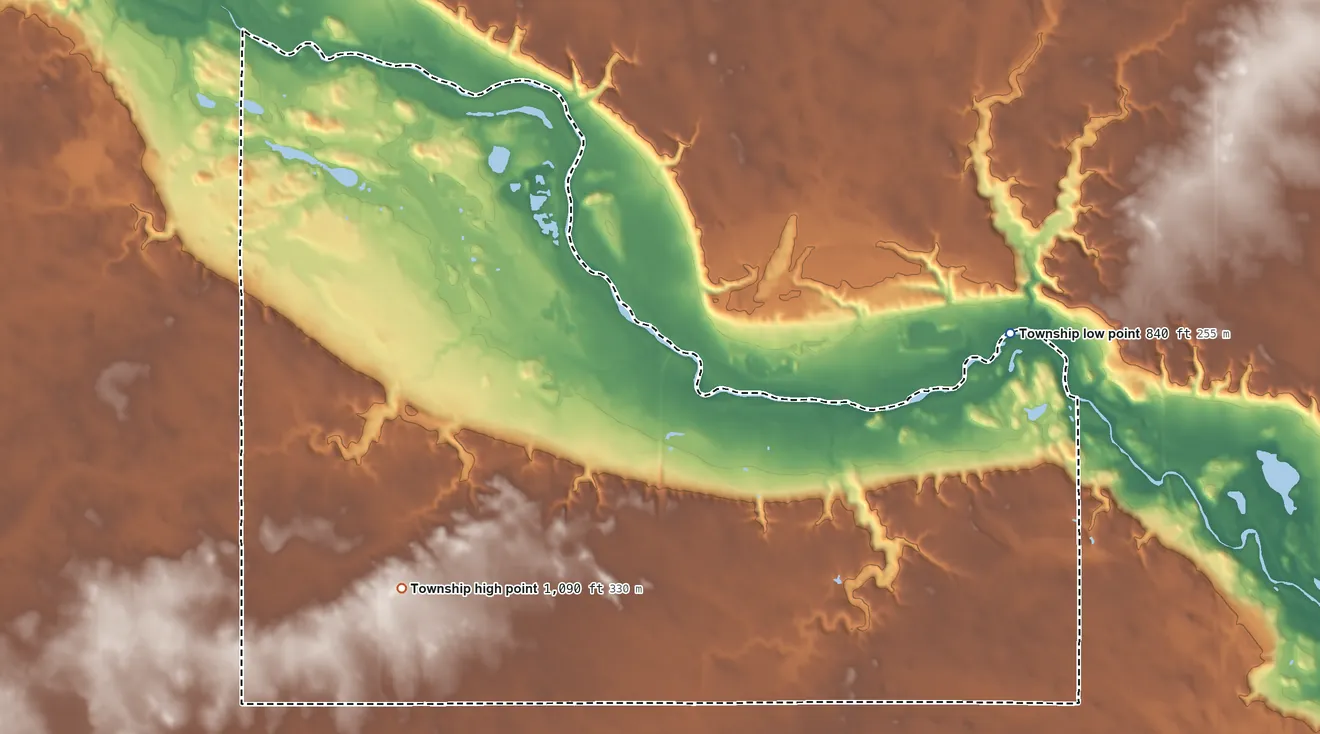Topographic elevation map of Swedes Forest Township, Minnesota, shaded from 840 ft on the east side to 1,090 ft on the southwest side