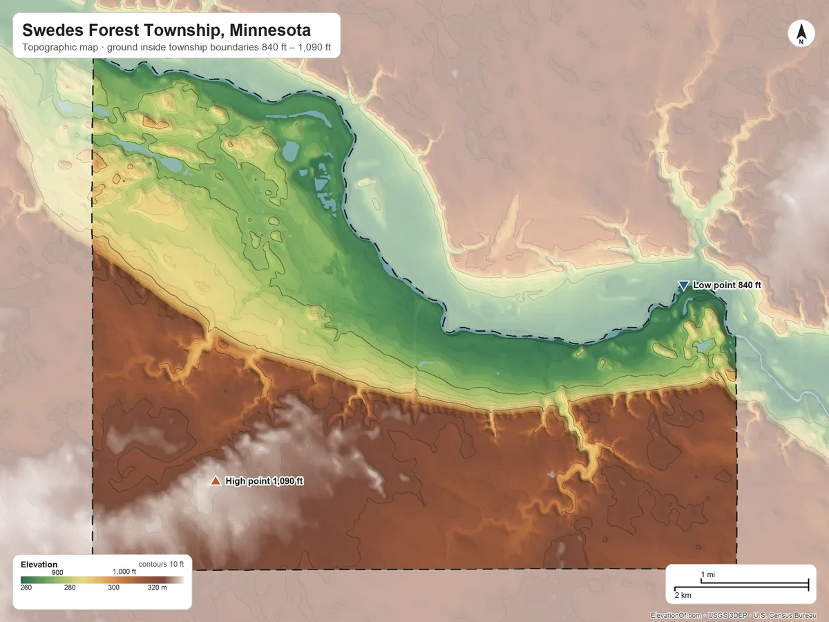 Topographic elevation map of Swedes Forest Township, Minnesota, shaded from 840 ft on the east side to 1,090 ft on the southwest side