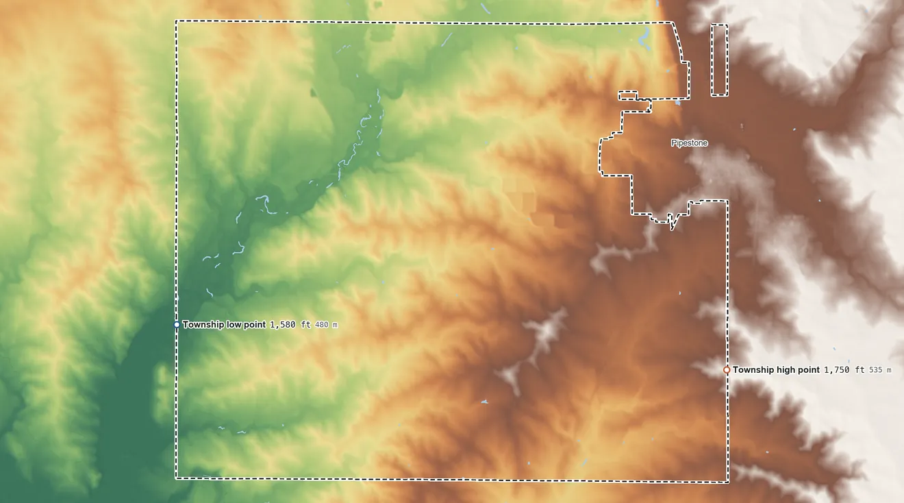 Topographic elevation map of Sweet Township, Minnesota, shaded from 1,580 ft on the west side to 1,750 ft on the southeast side