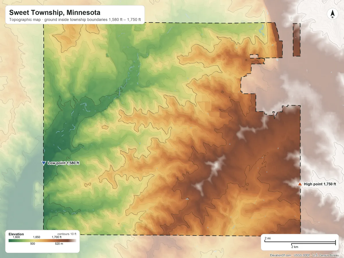 Topographic elevation map of Sweet Township, Minnesota, shaded from 1,580 ft on the west side to 1,750 ft on the southeast side