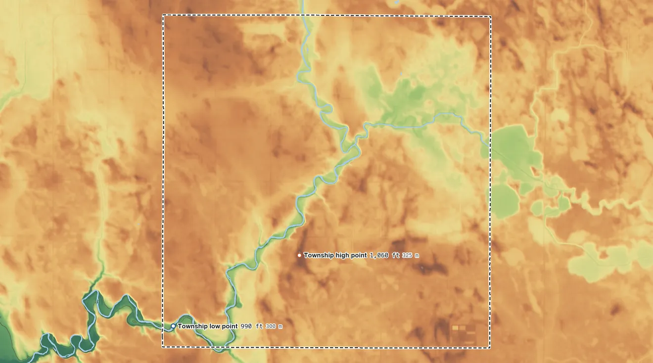 Topographic elevation map of Swenoda Township, Minnesota, shaded from 990 ft on the southwest side to 1,060 ft on the south side