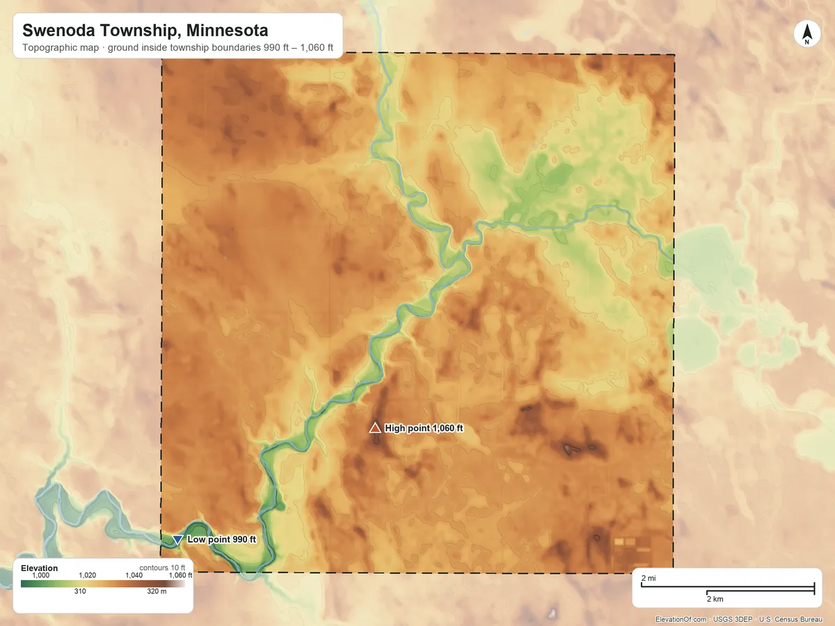 Topographic elevation map of Swenoda Township, Minnesota, shaded from 990 ft on the southwest side to 1,060 ft on the south side