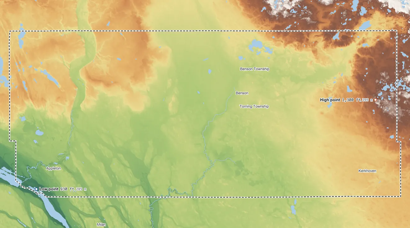 Topographic elevation map of Swift County, Minnesota, shaded from 930 ft on the southwest side to 1,300 ft on the east side
