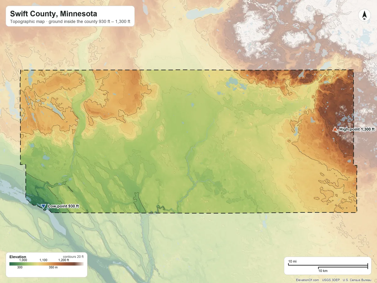 Topographic elevation map of Swift County, Minnesota, shaded from 930 ft on the southwest side to 1,300 ft on the east side