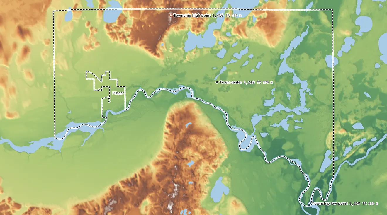 Topographic elevation map of Sylvan Township, Minnesota, shaded from 1,150 ft on the southeast side to 1,410 ft on the northwest side